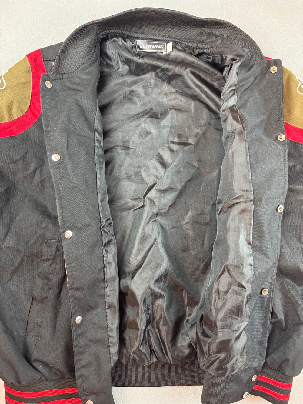 M&M's Black Racing Patch Bomber Jacket with Multicolor Patches - Picture 8 of 12